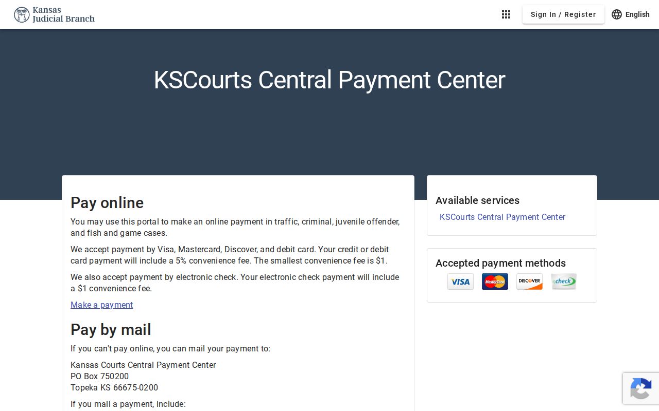 Kansas Courts Central Payment Center case lookup screen
