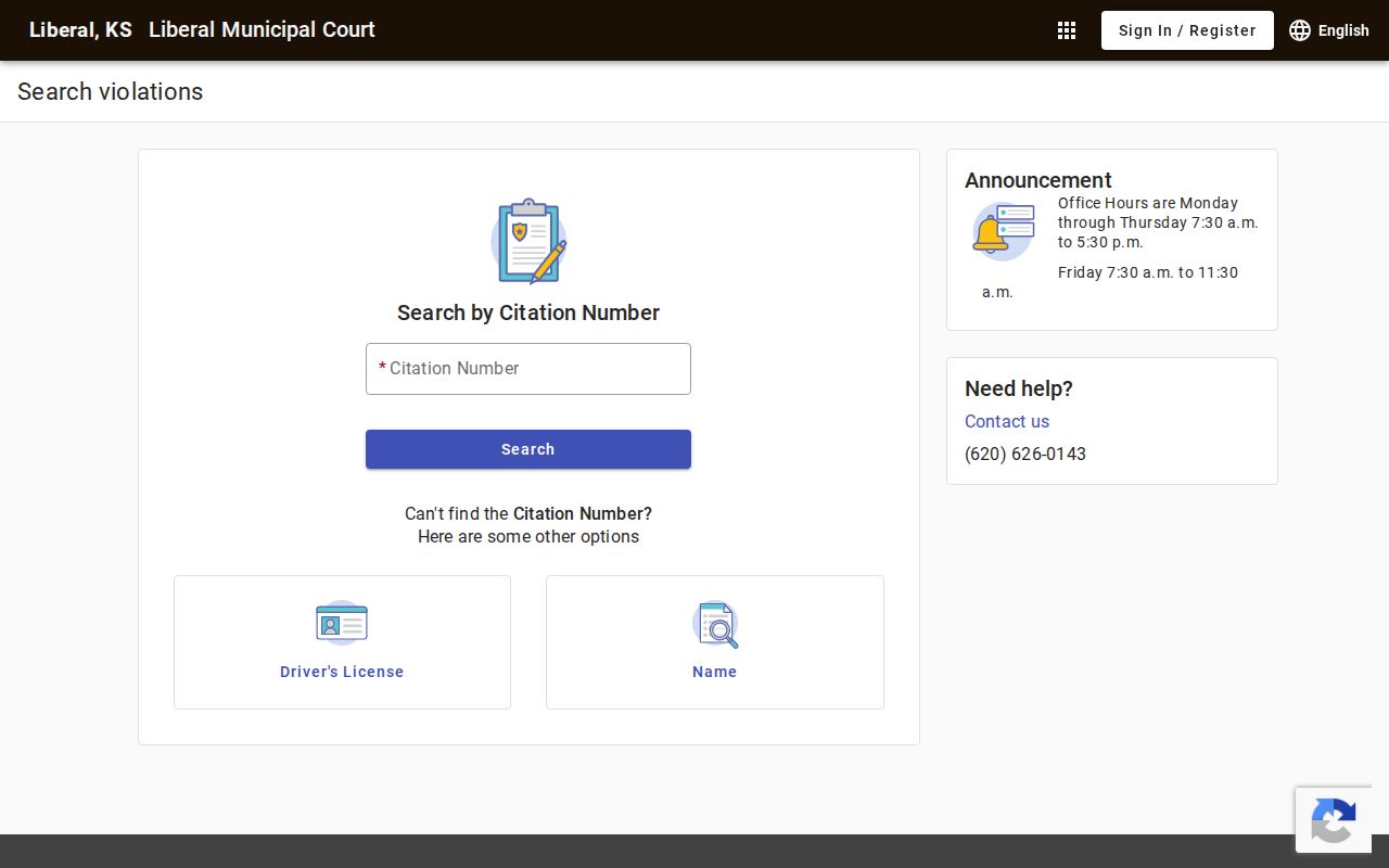 Liberal Municipal Court citation search interface