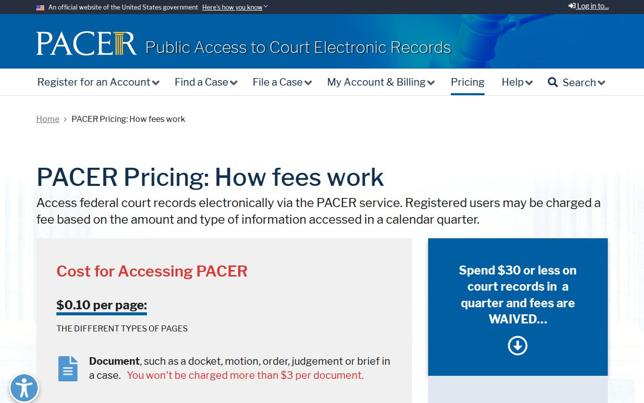 PACER federal court record pricing information