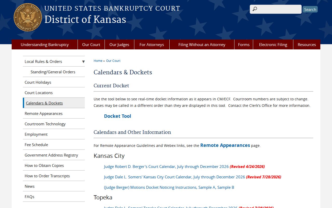 United States Bankruptcy Court District of Kansas docket calendar