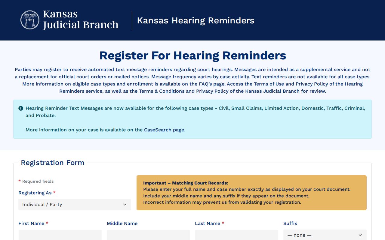 Kansas Courts hearing reminder service