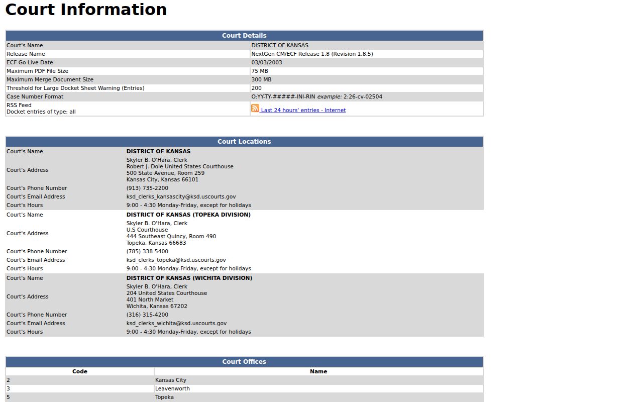 District of Kansas federal CM ECF court information screen