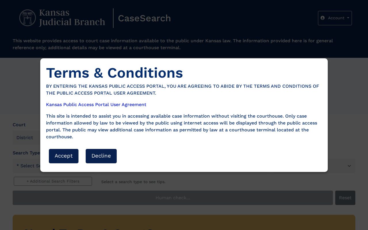 Seward County court docket search fields in Kansas CaseSearch